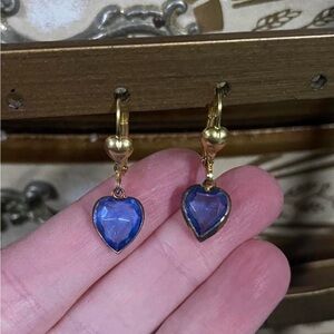 Brass Gold and Blue Gemstone Vintage Heart Earrings